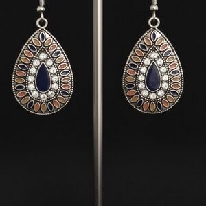 Teardrop Earrings with Navy Center and Warm Multicolor Accents
